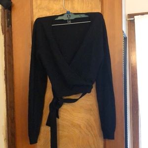 Cropped black wrap tie sweater